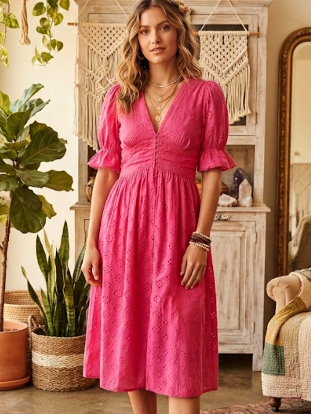 House of Harlow 1960 Pink Floral Eyelet Midi Dress Puff Sleeves Size Medium